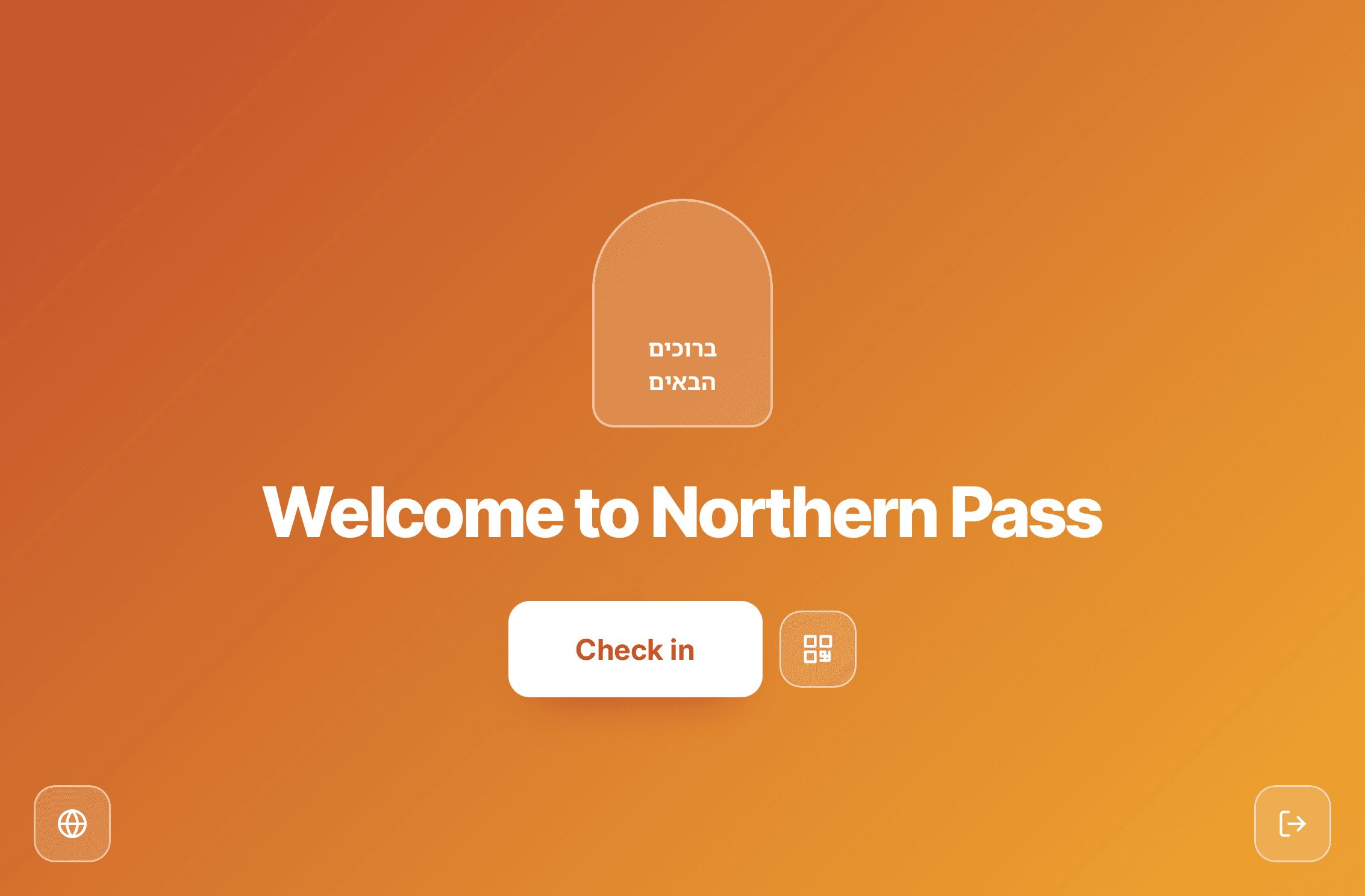 Kiosk welcome screen for Northern Pass with Check in and language controls
