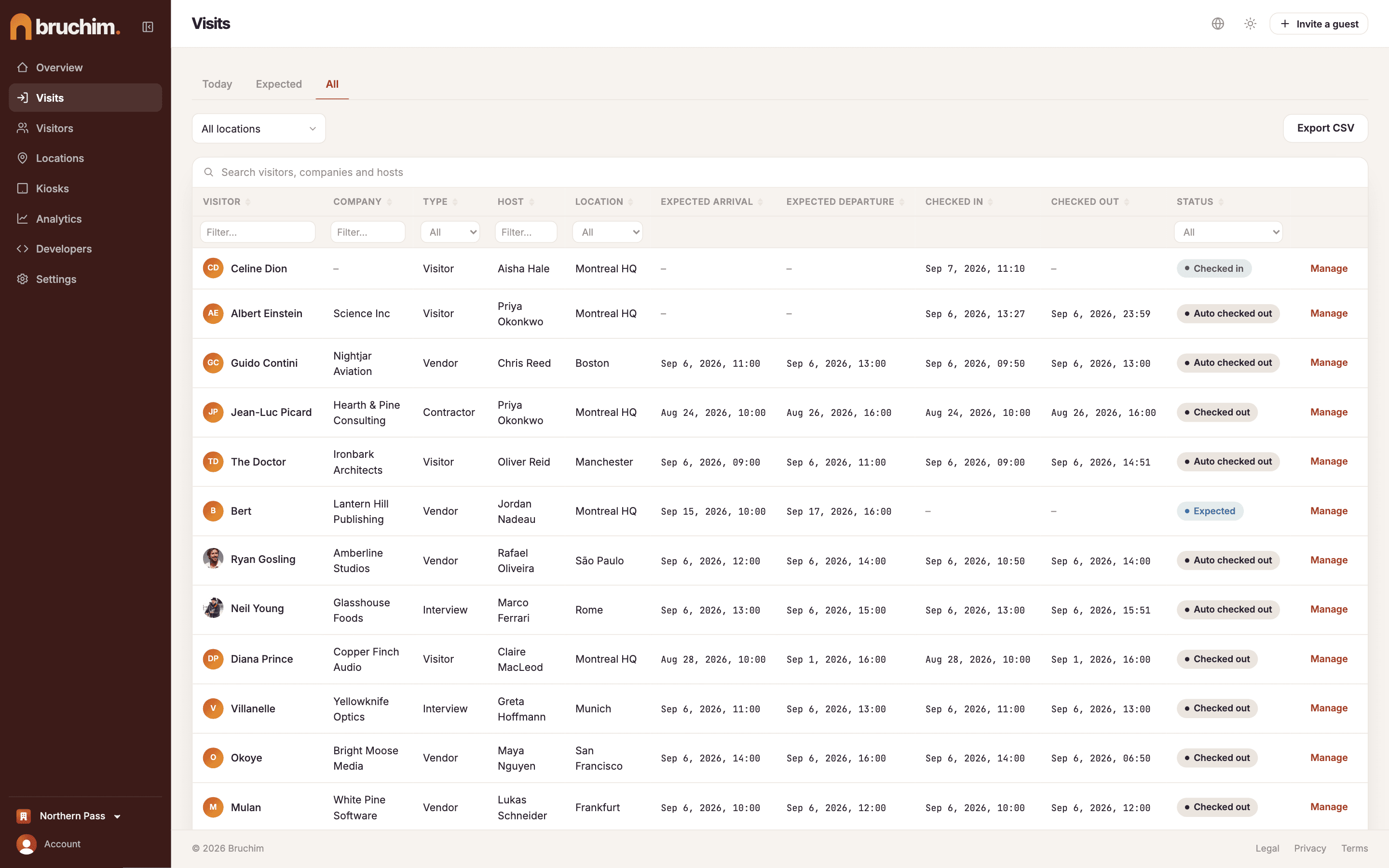 Visits table in the Bruchim admin with filters and statuses
